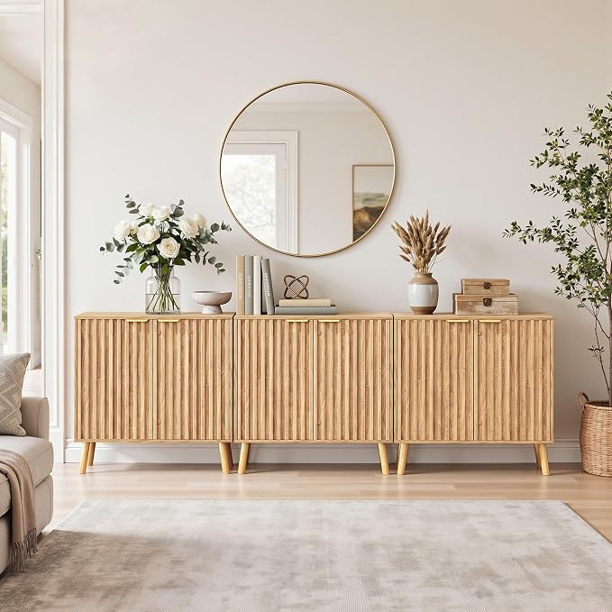 Set of 3 Fluted Storage Cabinet, Buffet Cabinet with Storage, Wood Sideboard with Adjustable Shelf, Modern Accent Cabinet & Console Table for Entryway, Living Room, Dining Room, Natural - Image 5