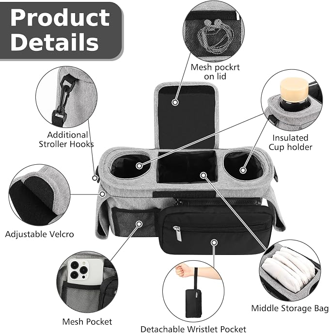 Accmor Universal Stroller Organizer with Insulated Cup Holder Detachable Phone Bag and Shoulder Strap,Stroller Bag Caddy Organizer for Uppababy, Baby Jogger, Britax Strollers - Image 4