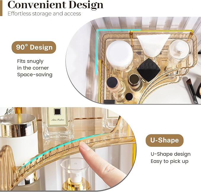 Aveniee Corner Bathroom Counter Organizer, Bathroom Countertop Shelf Makeup Organizer for Vanity Perfume Tray for Corner Storage (2 Tiers, Gold) - Image 4