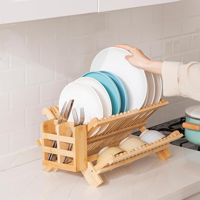 HBlife Bamboo Dish Drying Rack with Utensils Flatware Holder Set, 3-Tier Large Folding Drying Holder for Kitchen Counter, Collapsible Drainer - Image 7