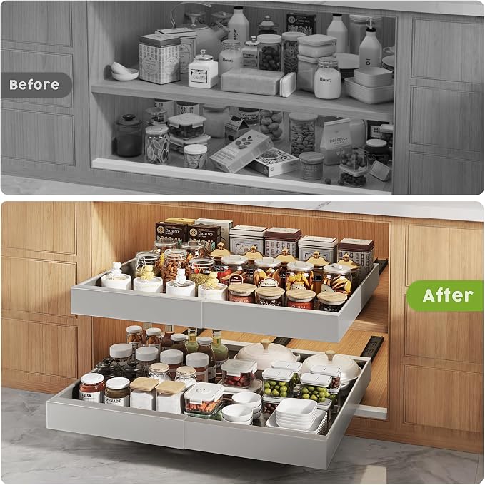 Seinloes 4 Pack Pull Out Cabinet Organizers 21" Deep With Raising Pad for Framed Cabinets, Expandable Slide Out Drawers with 4pcs Divider Racks, Roll Out Shelves, Adjustable Width 12"-20.45" Silver - Image 5