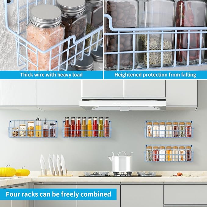 Spice Rack Wall Mount, 4 Pack Spice Organizer, Light Blue | Wire Spice Rack, Spice Storage Shelf, Space-Saving, For Kitchen Cabinet, Pantry Door, RV - Image 6