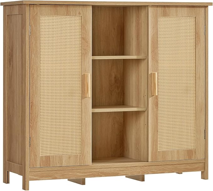 Iwell Rattan Storage Cabinet with 4 Adjustable Shelves, Coffee Bar Cabinet, Sideboard Buffet for Kitchen, Living Room, Entryway, Natural by IWELL