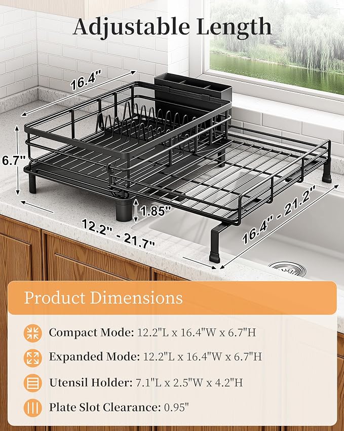 SAYZH Expandable Dish Drying Rack for Kitchen Counter, Metal, Black | Foldable Over Sink, Large Capacity, Rust-Resistant, Adjustable for Most Sinks, Automatic Drainage, Removable Utensil Holder - Image 3