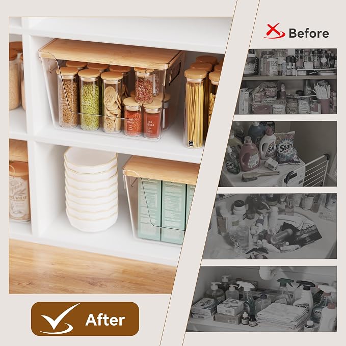 4 Set Pantry Organizers and Storage with Bamboo Lids, Stackable Clear Bins for Onion, Potato, Fruit, Vegetables, Trash Bag Dispenser, Kitchen and Under Sink Organizer - Image 7