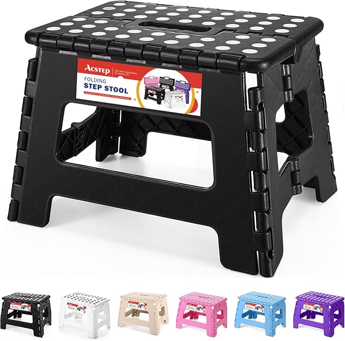 Folding Step Stool 9 Inch, Non-Slip Foldable Stools for Kids, Black | Heavy Duty Collapsible Foot Stool, Lightweight, Holds 300 lb for Toddler/Adults Kitchen Bathroom Bedroom Outdoor, with Handle by ACSTEP