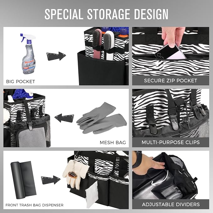 SCAVATA Wearable Cleaning Caddy, Cleaning Caddy Supplies Organizer with Handle & Shoulder Straps for Housekeepers, Under Sink & Car Cleaning Tool Organizers Bag with 4 Foldable Divider (ZebraStripe) - Image 2