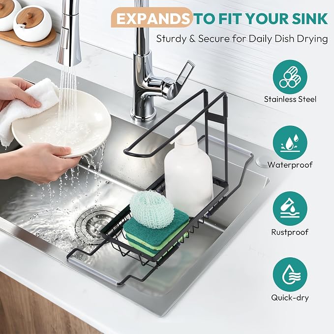 Over the Kitchen Sink Caddy Expandable (14.17-17.32 in) | Stainless Steel Anti-Slip Rustproof Sink Organizer Rack, Hanging Drying Holder for Sponges, Soap, Brushes, Dishcloths and Rag - Image 5