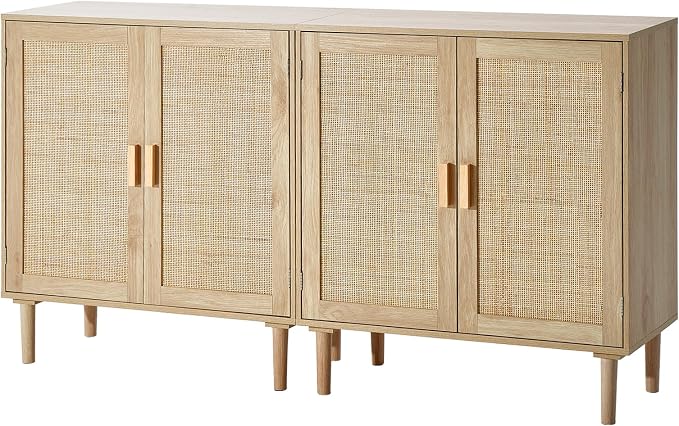 VEVOR Rattan Buffet Cabinet with Storage, 4 Magnetic Doors and Adjustable Shelves, Sideboard for Hallway, Living Room, Kitchen, Natural by VEVOR