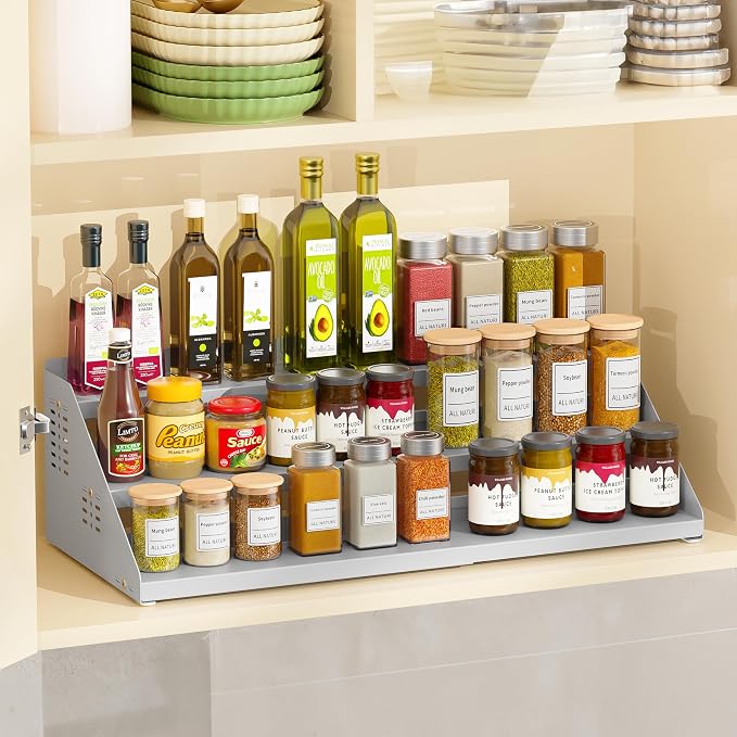 BOIVSHI 3 Tier Expandable Spice Organization for Cabinet, Gray | Height Adjustable Spice Rack for Countertop, Metal Step Seasoning Organizer for Kitchen, Easy to See Labels for Pantry - Image 2
