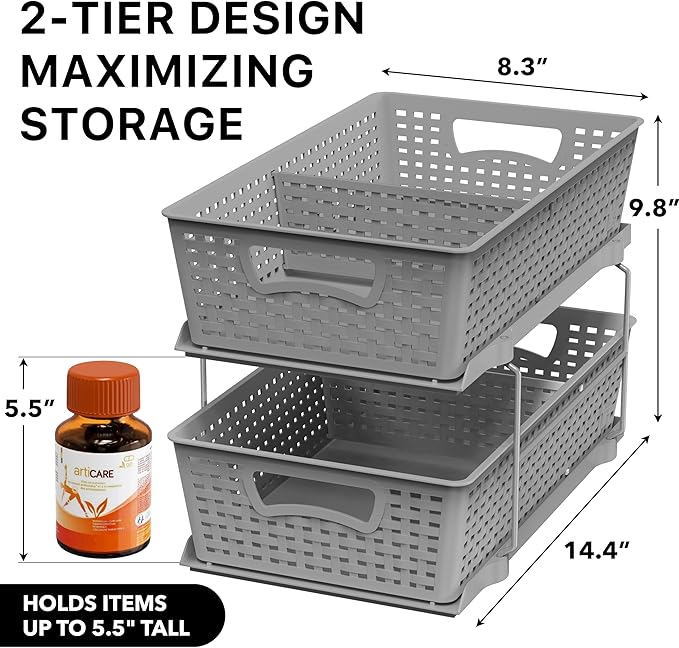 Simple Houseware 2 Tier Pull-Out Sliding Drawer Under Sink Storage, Gray | Great for Kitchen Bathroom Tray Shelf Organizer - Image 2