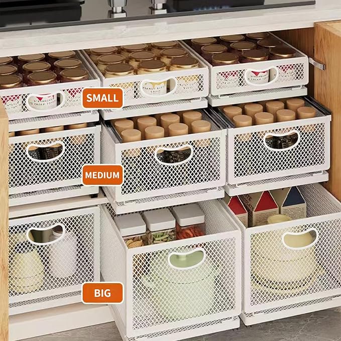 Sliding Cabinet Basket Organizer Drawer Self Adhesive Slide out Pantry Shelves Heavy Duty Carbon Steel Slide Cabinet Storage Basket with Handle for Bathroom Kitchen Home - Image 4