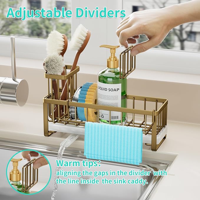 HapiRm Sponge Holder for Kitchen Sink - Self-draining Sink Caddy with Brush and Dishcloth Holders, Stainless Steel Kitchen Countertop Organizers and Storage Essentials - Dark Gold - Image 4