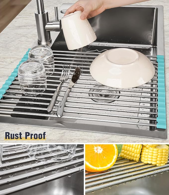 Tomorotec Roll Up Dish Drying Rack Over Sink, 304 Steel, 17.7x12.5, Green | Anti-Slip Silicone Rims For Grip, Heat-Resistant Trivet Mat Holding Heavy Cookware, Rustproof Kitchen Counter Space Saver - Image 2