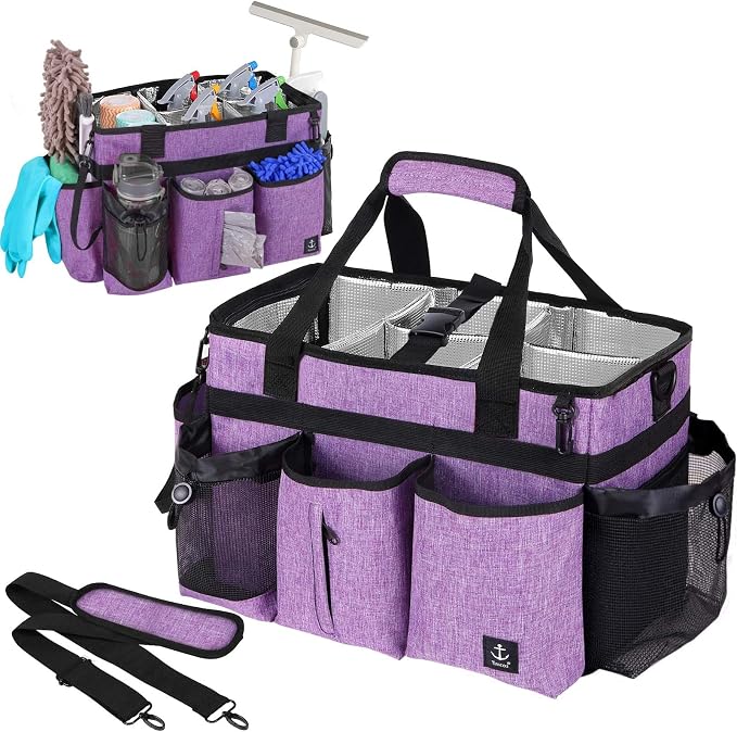 Large Cleaning Caddy Bag Built-in hard plastic sheet Aluminum foil lining | Waterproof nylon, aluminum foil lining, detachable dividers, dual straps for housekeepers by Timoxi