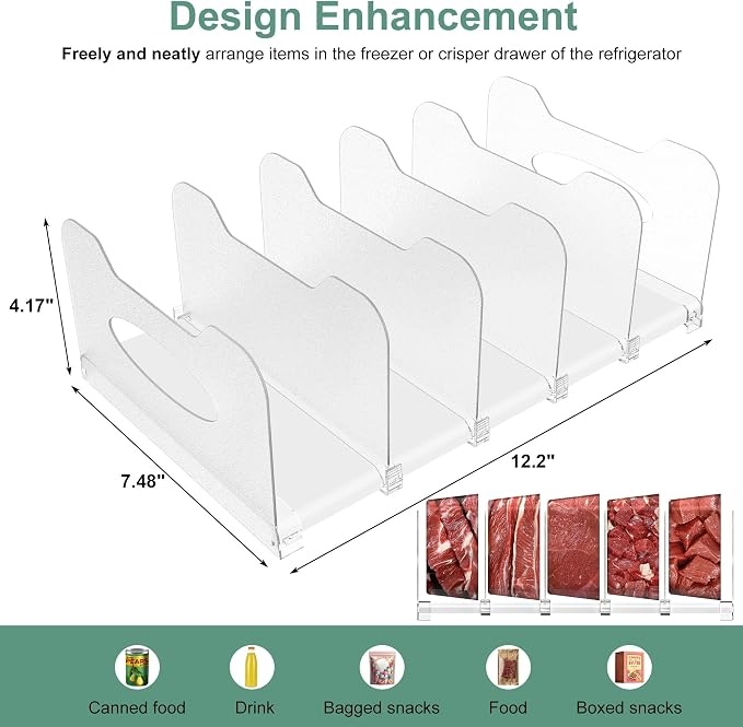 Freezer Organizer,12" Visible Fridge Organizer Rack with Removable Dividers | Freely Adjustable,Easy to Pull Out and Carry Handle, Fits Refrigerator Frozen Meals, Lunch Meat Box, Cheeses, White - Image 3