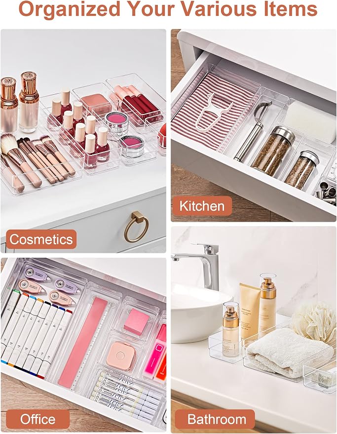 SMARTAKE 22 PCS Drawer Organizer, 4-Size Desk Bathroom Drawer Organizer | 4-Size Storage Tray with Non-Slip Silicone Pads for Makeup, Jewelries, Utensils in Bedroom Dresser, Office and Kitchen, Clear - Image 6