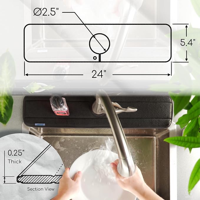 Ternal Original SINKMAT 24in XL Faucet Splash Guard Extra Long Microfiber Sink Drip Catcher Mat Non Slip Countertop Protector Drying Pad for Kitchen Bathroom RV Machine Washable Black - Image 2