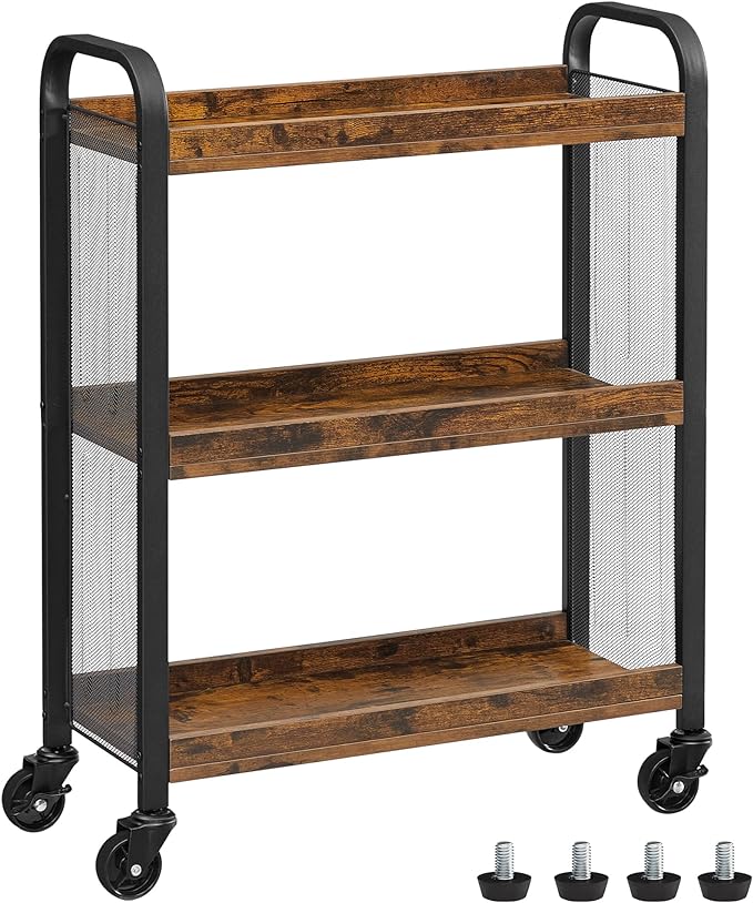 VASAGLE 3-Tier Narrow Storage Cart, Rolling Cart with Wheels, Steel Frame | Slim Storage Cart for Kitchen, Adjustable Feet, Traditional Basic Style, Rustic Brown and Black, DACEY Collection ULRC66BX by Unknown