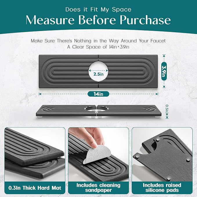Diatomite Kitchen Faucet Mat - 14Inch Water Absorbing Stone Tray for Sink, Stone Fast-Drying Faucet Mat for Kitchen Counter Sink Accessories (Dark Grey, 14'' x 3.9'') - Image 2
