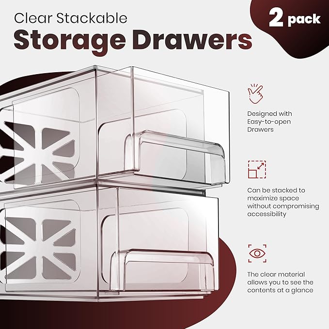 Oizeir Acrylic Drawer Organizer 2-Pack – Clear Stackable Storage Drawers for Makeup, Skincare, Vanity, Bathroom, Under Sink, Kitchen & Office – Non-Slip, Durable, Multi-Purpose Organizer Bins - Image 3
