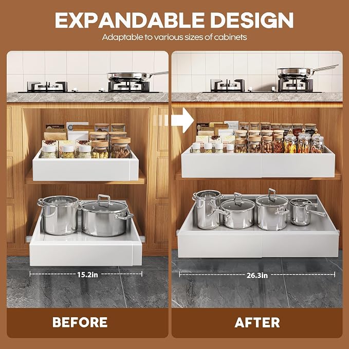 Seinloes 4 Pack Expandable Pull Out Cabinet Organizer 21"Deep With Raising Pad for Framed Cabinets,Upgrade 3 Slide Rails Slide Out Drawers,Roll Out Shelves Adhesive,Adjustable Width 15.15"-26.3" White - Image 3