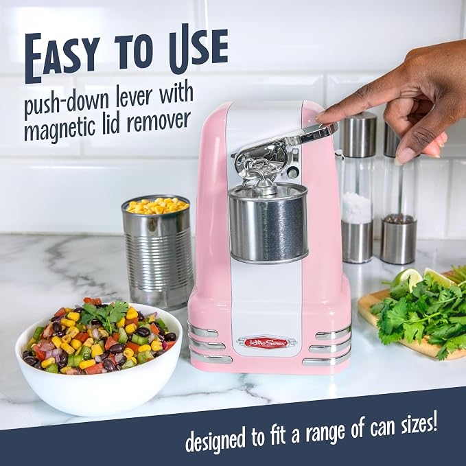 Nostalgia Retro Electric Can Opener for Kitchen with Magnetic Lid Remover, Knife Sharpener, and Soda or Beer Bottle Opener, Pink - Image 3