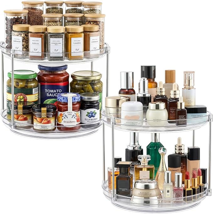 2 Set 2 Tier Non-Skid Acrylic Lazy Susan Organizer - Rotating Spice Rack - Turntable Spinning Organization for Kitchen, Pantry, Countertop, Closet, Bathroom, Vanity, Medicine Cabinet Organizing, 11'' by MakeLifeBetterEasier
