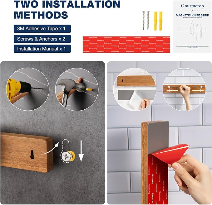 Magnetic Knife Holder for Wall 16”, Acacia Wood, No Drill Fridge | Strong Dual-Row Magnet Holds 9 Knives & Heavy Cleaver, 3M Adhesive Tape & Screw Mount, Kitchen Knife & Utensil Organizer - Image 5