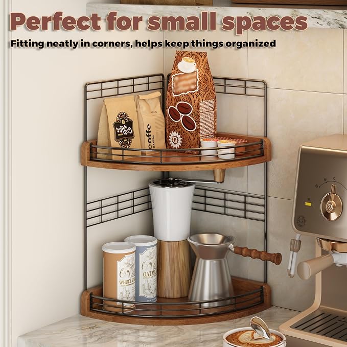 Bathroom Countertop Corner Organizer for Small Spaces, 2-Tier Counter Shelf | Oak Wood & Iron, Fan-Shaped Counter Shelf for Sink & Vanity Corners, Skincare, Toiletries, Compact Vertical Storage, Walnut - Image 7