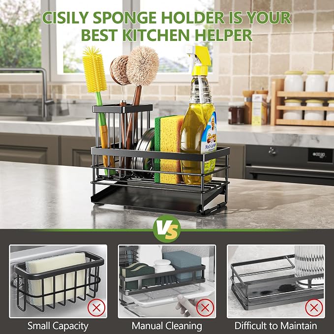 Cisily Sink Caddy Sponge Holder for Kitchen with Brush Holder and Stainless Steel Self Drain Tray, Rustproof Kitchen Sink Organizer for Sponge, Soap Dispenser Storage Accessories - Image 2