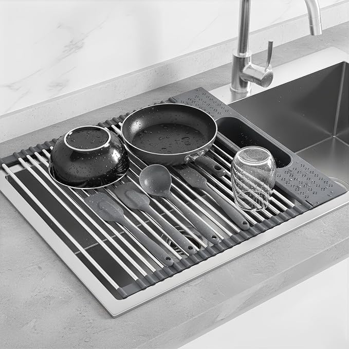 Roll Up Dish Drying Rack Over Sink, 17.5" x 15.2" Foldable SUS304 Stainless Steel Kitchen Dish Drainer, Heat-Resistant Multipurpose Rolling Sink Rack Organizer,Grey - Image 6