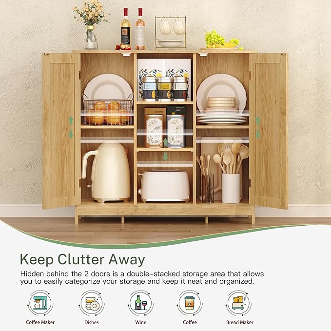 Iwell Rattan Storage Cabinet with 4 Adjustable Shelves, Coffee Bar Cabinet, Sideboard Buffet for Kitchen, Living Room, Entryway, Natural - Image 5