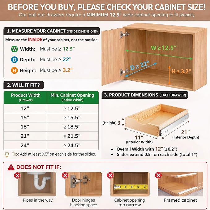 Sintuff 4 Pack Wooden Pull out Tray Cabinet Organizer Gentle Close Roll out Shelves for Kitchen Cabinets Fully Assembled Slide Pantry Shelves (12'' X 21'') - Image 2