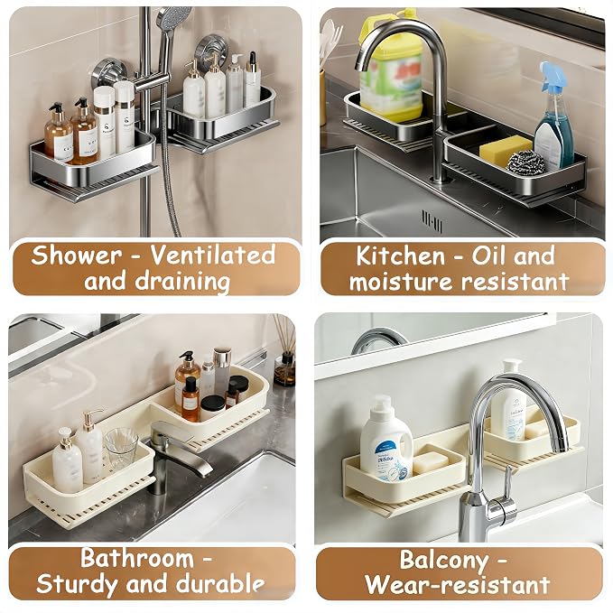 15.7 Inch Over the Sink Shelf, No-Drill Countertop Caddy for Toiletries & Skincare, Rust-Proof Carbon Steel & Aluminum, Fits Most Faucets,（Gray） - Image 8