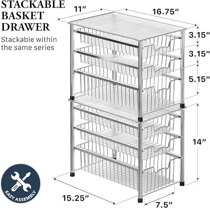 Simple Houseware Stackable 3 Tier Sliding Basket Organizer Drawer, Chrome (Pack of 2) - Image 2