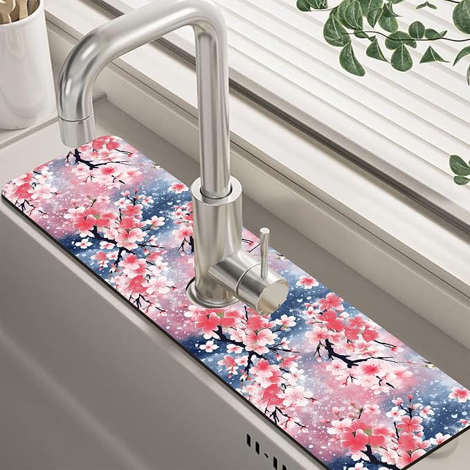 Japanese Pink Cherry Blossoms Dish Drying Mat for Kitchen Sink Splash Guard Behind Faucet Sink Mat Absorbent Fast Drying Faucet Draining Mat for Bathroom Kitchen 5.5"×24" by Unknown