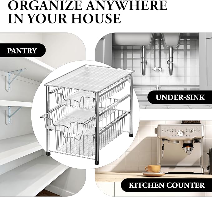 Simple Houseware Stackable 3 Tier Sliding Basket Organizer Drawer, Chrome (Pack of 2) - Image 8