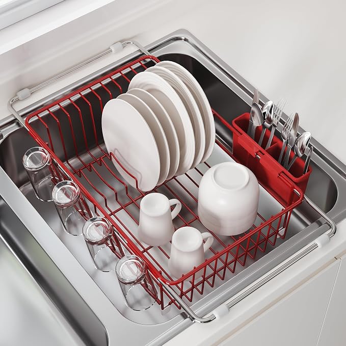 JASIWAY Red Dish Drying Rack in Sink, Dish Drainer with Utensil Holder | Over The Sink Expandable Stainless Steel Strainer Dryer Rack for Small Kitchen, Counter Space Saving, Fast Drain, Rustproof by JASIWAY