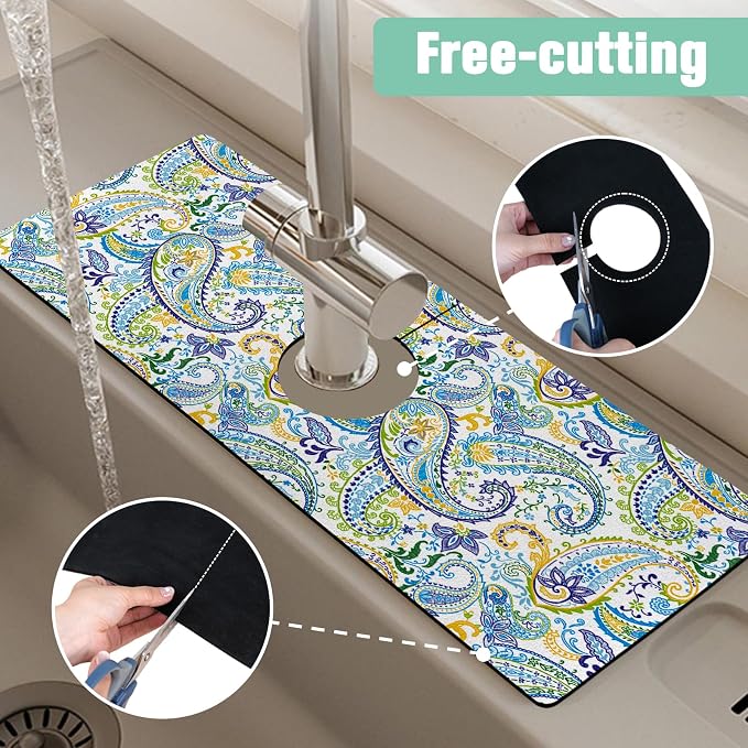 Kitchen Sink Splash Guard Faucet Mat 24" X 5.5" Paisley Absorbent Fast Drying Mat Faucet Draining Mat Sink Splash Guard Behind Faucet Drip Catcher for Kitchen Bathroom - Image 5