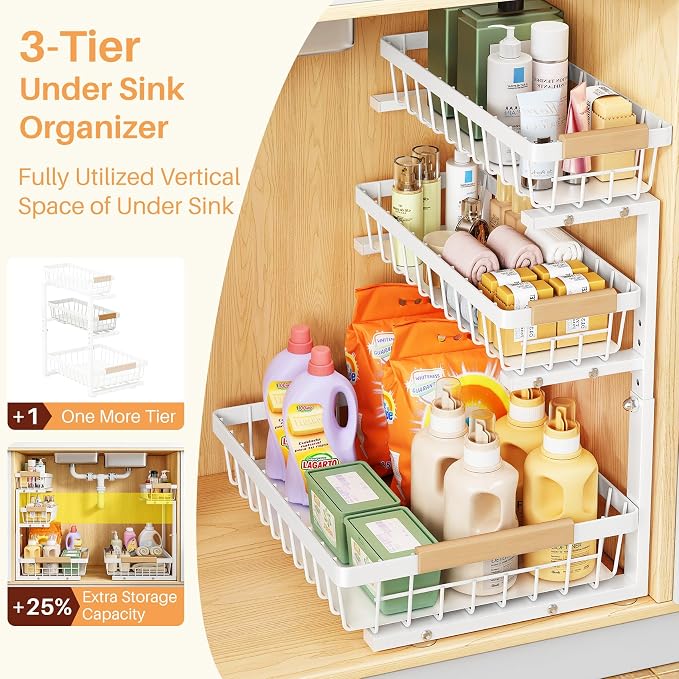 PXRACK Under Sink Organizer, 2-Pack 3-Tier Height Adjustable Thickened Metal Pull out Cabinet Organizer Shelf, Slide out Storage Drawer Rack for Bathroom Kitchen Pantry Home Organization, White - Image 3