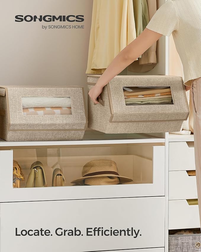 SONGMICS Stackable Storage Bins, Set of 2, with Lids and Front Windows | Closet Organizers, Linen-Look Non-Woven Fabric, Magnetic Closures, Side Handles, Beige, TINA Collection URLB002Y01 - Image 2
