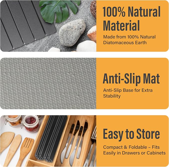 Large Foldable Stone Dish Drying Mat – Diatomaceous Earth, 2 Pack (12"x16" Each) or 24"x16" Combined – Fast Dry, Anti-Slip Pad, Sanding Tool & Instruction Manual for Kitchen and Bathroom, Dark Gray - Image 6