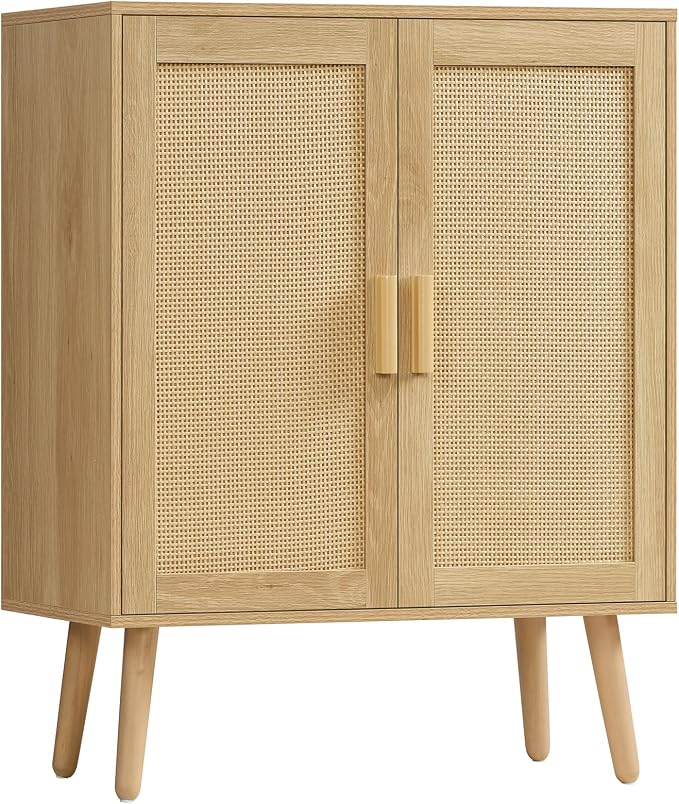 Iwell Storage Cabinet with 2 Shelves, Rattan Cabinet with 2 Doors, Sideboard Buffet Cabinets with Storage for Living Room, Dining Room, Entryway, Natural by IWELL