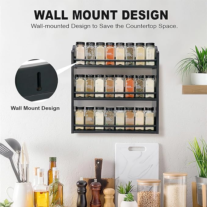 3-Tier Bamboo Spice Rack, Wall Mount & Countertop Spice Organizer | Seasoning Jars Rack Shelf Spice Organizer for Kitchen, Spice Storage Holder with handles, Front and Rear Protective Design - Image 5