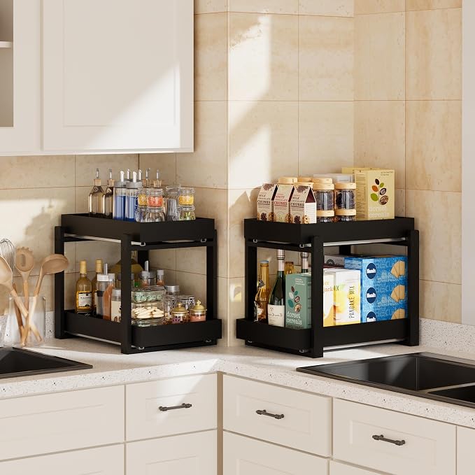 APRTAT 2 Pack Bamboo Under Sink Organizer, 2-Tier Pull Out Storage Drawers | Smooth pull-out drawers keep cleaners and tall bottles visible, organized and easy to reach in kitchen or bathroom cabinets - Image 6