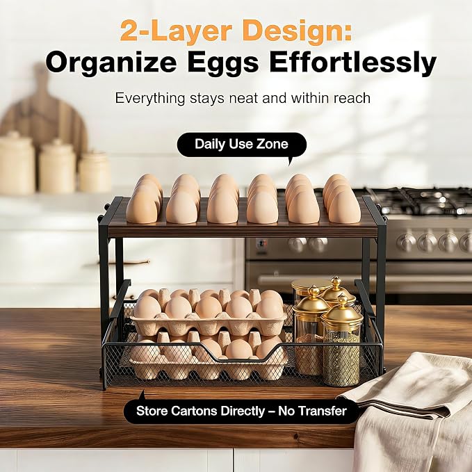 Compact 2-Tier Wooden Egg Holder with Basket, Holds 84+ Eggs | Wooden 2-tier egg holder with basket & carry handle , holds 24+60 chicken, duck & quail eggs - Image 4