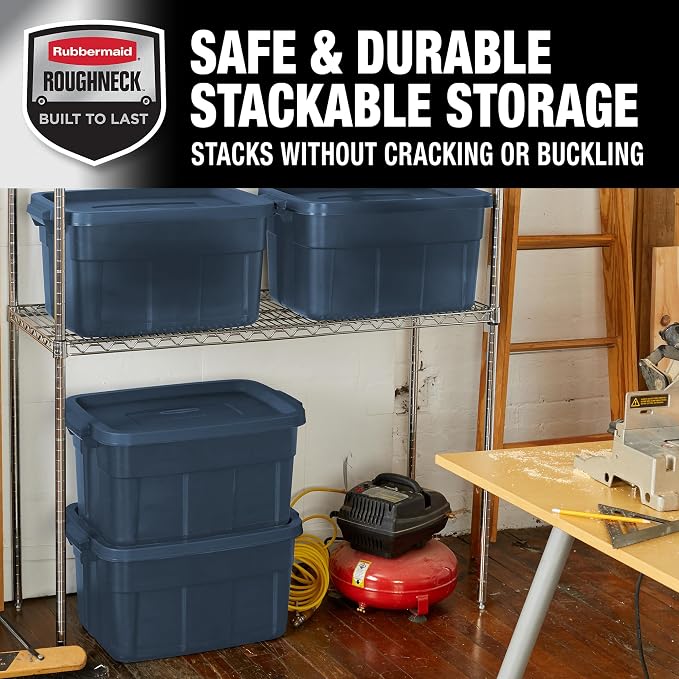Rubbermaid Roughneck Tote 14 Gal, 6 Pack, Made in USA, Dark Indigo Metallic, Rugged Plastic Stackable Storage Bins with Lids and Handles - Image 5