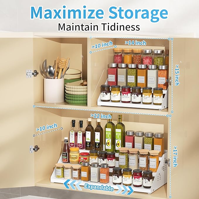 BOIVSHI 3 Tier Expandable Spice Organizer for Cabinet, White | Metal Shelves with Adjustable Height Spice Storage for Kitchen Countertop, Olive Oil and Soy Sauce for Pantry Organization - Image 5