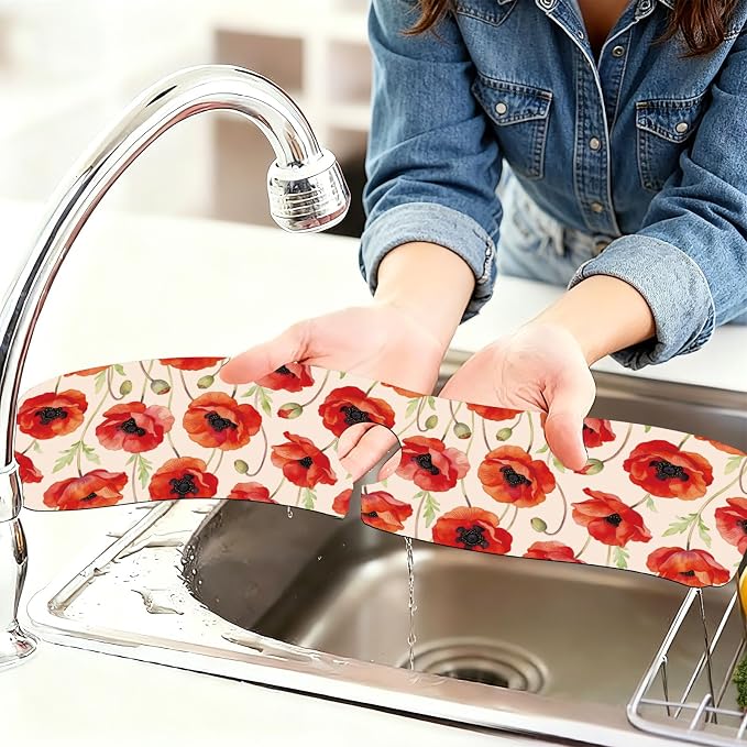 2 Pcs Kitchen Sink Splash Guard Faucet Mat Papaver Rhoeas Pattern Faucet Mat for Sinks Absorbing Drying Mats for Kitchen Bathroom - Image 6